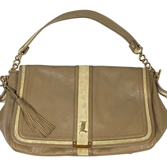 L.A.M.B. Gwen Stefani Messenger Shoulder Bag Y2K Tan Cream Leather Satchel Purse - Picture 1 of 13
